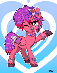 Size: 1412x1797 | Tagged: safe, artist:banquo0, imported from derpibooru, pegasus, pony, spoiler:bridlewoodstock, spoiler:g5, spoiler:my little pony: make your mark chapter 4, alternate hairstyle, bracelet, colored wings, female, folded wings, g5, gradient background, jewelry, multicolored wings, my little pony: make your mark, my little pony: make your mark chapter 4, necklace, one eye closed, open mouth, raised hoof, ruby jubilee, solo, unshorn fetlocks, wavy mane, wings, wink