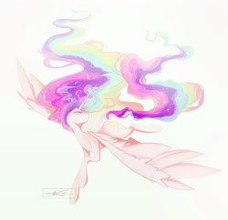 Size: 2153x2084 | Tagged: safe, artist:mindlessnik, imported from derpibooru, princess celestia, alicorn, pony, ethereal mane, eyes closed, female, flowing mane, gradient background, horn, large wings, long horn, majestic, mare, missing accessory, signature, solo, spread wings, wings