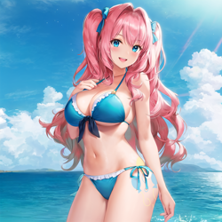 Size: 864x864 | Tagged: safe, imported from derpibooru, pinkie pie, human, ai content, ai generated, anime, big breasts, breasts, clothes, humanized, swimsuit