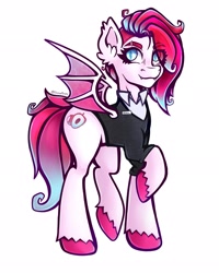 Size: 1638x2048 | Tagged: safe, artist:elusivepurple, imported from derpibooru, oc, oc:litchi, bat pony, pony, eye clipping through hair, eyebrows, eyebrows visible through hair, looking at you, not zipp storm, smiling, solo, spread wings, unshorn fetlocks, wings