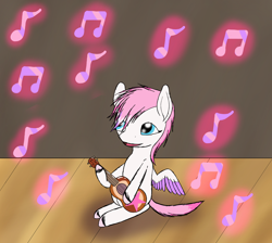 Size: 1900x1700 | Tagged: safe, artist:the crystal artist, derpibooru exclusive, imported from derpibooru, part of a set, oc, oc only, oc:stardust (crystal), pegasus, pony, series:the grand equestria talent show, colored hooves, colored wings, cute, dialogue in the description, female, filly, foal, music notes, musical instrument, open mouth, part of a series, pegasus oc, sitting, solo, spread wings, stage, ukulele, unshorn fetlocks, wings