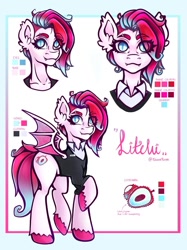 Size: 899x1199 | Tagged: safe, artist:elusivepurple, imported from derpibooru, oc, oc only, oc:litchi, anthro, bat pony, pony, bust, clothes, eye clipping through hair, eyebrows, eyebrows visible through hair, fangs, looking at you, not zipp storm, reference sheet, shirt, simple background, smiling, solo, spread wings, suit, unshorn fetlocks, white background, wings