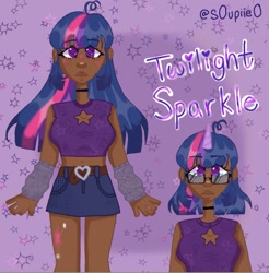 Size: 1015x1030 | Tagged: safe, artist:s0upiie0, imported from derpibooru, twilight sparkle, human, alternate hairstyle, arm warmers, belly button, belt, choker, clothes, cutie mark on human, cutie mark tattoo, dark skin, denim, denim skirt, female, glasses, horn, horned humanization, humanized, midriff, skirt, solo, tattoo