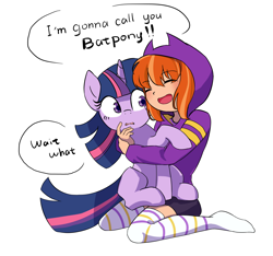 Size: 3200x3000 | Tagged: safe, artist:malt cat, imported from derpibooru, twilight sparkle, alicorn, human, pony, barbara gordon, batgirl, blushing, clothes, cute, dc comics, dc superhero girls, dialogue, hugging a pony, simple background, socks, speech bubble, stocking feet, stockings, striped socks, tara strong, thigh highs, voice actor joke, white background