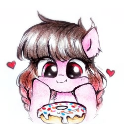 Size: 1585x1585 | Tagged: safe, artist:liaaqila, imported from derpibooru, oc, oc only, oc:arwencuack, pegasus, pony, cute, donut, eye clipping through hair, female, food, heart, hooves on cheeks, icon, mare, ocbetes, pegasus oc, signature, simple background, solo, white background