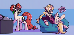 Size: 1417x678 | Tagged: safe, artist:cowsrtasty, imported from derpibooru, oc, oc:melody bash, oc:penny inkwell, earth pony, pony, unicorn, beanbag chair, controller, typewrtiter