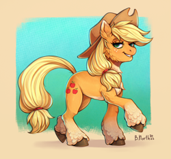 Size: 1915x1777 | Tagged: safe, artist:birdoffnorth, imported from derpibooru, applejack, earth pony, pony, applejack's hat, cheek fluff, chest fluff, cowboy hat, eyebrows, female, freckles, grin, hair tie, hat, lidded eyes, looking at you, mare, signature, smiling, smiling at you, solo, tail tie, unshorn fetlocks