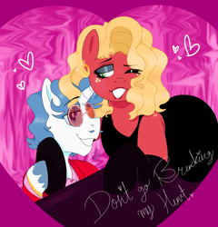 Size: 1500x1560 | Tagged: safe, artist:dsstoner, imported from derpibooru, big macintosh, fancypants, earth pony, unicorn, big femboyintosh, clothes, crossdressing, ear piercing, earring, elton john, femboy, heart, heart eyes, jewelry, makeup, male, musical instrument, one eye closed, orchard blossom, piano, piercing, song reference, sunglasses, wingding eyes