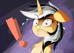 Size: 1601x1150 | Tagged: safe, artist:行豹cheetahspeed, imported from derpibooru, oc, oc only, oc:autumn trace, unicorn, black and white mane, exclamation point, facial expressions, horn, orange eyes, purple background, shocked, simple background, yellow skin