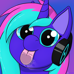 Size: 1200x1200 | Tagged: safe, artist:passionpanther, imported from derpibooru, oc, pony, unicorn, headphones, icon, licking, licking the fourth wall, solo, tongue out