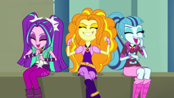 Size: 3072x1727 | Tagged: safe, imported from derpibooru, screencap, adagio dazzle, aria blaze, sonata dusk, human, equestria girls, rainbow rocks, eyes closed, female, grin, laughing, open mouth, open smile, smiling, the dazzlings, trio, trio female
