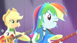 Size: 3072x1727 | Tagged: safe, imported from derpibooru, screencap, applejack, pinkie pie, rainbow dash, human, equestria girls, rainbow rocks, applejack's hat, bass guitar, clothes, cowboy hat, cutie mark on clothes, duo, duo female, duo focus, electric guitar, female, guitar, hat, microphone, musical instrument, one eye closed, smiling, wink