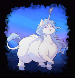 Size: 4444x4617 | Tagged: safe, artist:goblin0verlord, artist:goblinhordestudios, imported from derpibooru, classical unicorn, pony, unicorn, absurd resolution, amalthea, blank flank, blushing, bottom heavy, chubby cheeks, colored hooves, crossover, fat, female, horn, huge butt, impossibly large butt, large butt, leonine tail, lidded eyes, night, obese, open mouth, open smile, ponified, smiling, solo, the last unicorn, thighs, thunder thighs, unshorn fetlocks, wide hips
