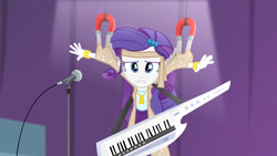 Size: 3072x1727 | Tagged: safe, imported from derpibooru, screencap, rarity, human, equestria girls, rainbow rocks, female, frown, hairpin, keytar, magnet, microphone, microphone stand, musical instrument, solo