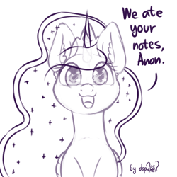 Size: 1024x1024 | Tagged: source needed, safe, artist:dsp2003, imported from derpibooru, princess luna, alicorn, pony, 2017, behaving like a dog, crown, cute, female, implied anon, jewelry, looking at you, lunabetes, monochrome, regalia, sketch, solo