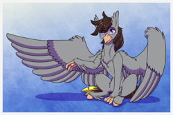 Size: 1772x1181 | Tagged: safe, artist:inuhoshi-to-darkpen, imported from derpibooru, oc, oc only, oc:luxor, classical hippogriff, hippogriff, chest fluff, cute, fluffy, looking at you, ocbetes, sitting, smiling, smiling at you, solo, spread wings, unshorn fetlocks, wing fluff, wings