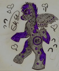 Size: 1072x1280 | Tagged: safe, artist:ino89777, imported from derpibooru, oc, oc only, oc:sky fancy hooves, pegasus, semi-anthro, coat markings, side view, solo, spread wings, traditional art, wings