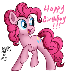 Size: 1090x1178 | Tagged: safe, artist:mirrorcrescent, edit, imported from derpibooru, pinkie pie, earth pony, pony, birthday, cute, diapinkes, editor needed, female, happy, mare, open mouth, raised hoof, simple background, smiling, solo, white background