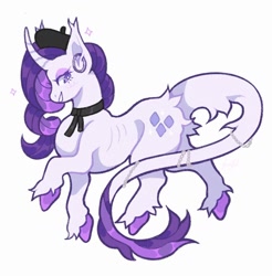 Size: 1258x1280 | Tagged: safe, artist:ferafel_, imported from derpibooru, rarity, classical unicorn, pony, unicorn, cloven hooves, grin, horn, leonine tail, side view, simple background, smiling, solo, unshorn fetlocks, white background
