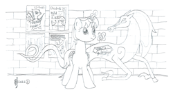 Size: 2310x1236 | Tagged: safe, artist:parclytaxel, imported from derpibooru, oc, oc only, oc:parcly taxel, oc:spindle, alicorn, griffon, pony, windigo, ain't never had friends like us, albumin flask, alicorn oc, duo, eye contact, federico fellini, female, floating, food, horn, kunstmuseum zürich, levitation, lineart, looking at each other, looking at someone, macaron, magic, mare, monochrome, parcly taxel in europe, pencil drawing, smiling, story included, switzerland, telekinesis, traditional art, transparent flesh, windigo oc, wings, zürich
