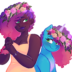 Size: 3300x3300 | Tagged: safe, artist:starsbursts, imported from derpibooru, human, pony, unicorn, blushing, bracelet, clothes, cornrows, cute, dark skin, dress, duo, female, floral head wreath, flower, g5, humanized, jewelry, lipstick, makeup, mare, markings, misty brightdawn, mistybetes, self paradox, self ponidox, simple background, sundress, white background