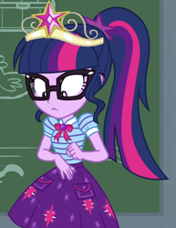 Size: 560x726 | Tagged: safe, edit, edited screencap, editor:incredibubbleirishguy, imported from derpibooru, screencap, sci-twi, twilight sparkle, human, equestria girls, equestria girls series, holidays unwrapped, spoiler:eqg series (season 2), big crown thingy, chalkboard, cropped, crown, element of magic, jewelry, regalia, solo, the cider louse fools