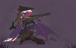 Size: 3619x2284 | Tagged: safe, artist:dorkmark, imported from derpibooru, oc, oc only, oc:neuron dialect, bat pony, cyborg, pony, fanfic:iron hearts, armor, bipedal, clothes, crouching, ear piercing, earring, gun, hood, jewelry, military uniform, piercing, prosthetic eye, prosthetics, smiling, sniper, solo, two toned mane, uniform, weapon