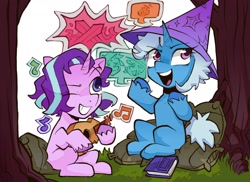 Size: 2200x1600 | Tagged: safe, artist:matterproblem, imported from derpibooru, starlight glimmer, trixie, pony, unicorn, book, clothes, duo, female, grass, grin, guitar, hat, mare, music notes, musical instrument, one eye closed, open mouth, sitting, smiling, tree, trixie's hat
