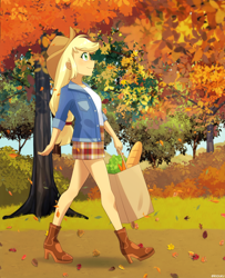 Size: 650x800 | Tagged: safe, artist:riouku, imported from derpibooru, applejack, human, equestria girls, autumn leaves, bag, baguette, bread, carrot, clothes, cute, female, food, jackabetes, leaves, legs, shoes, shopping bag, side view, smiling, solo, tree, walking