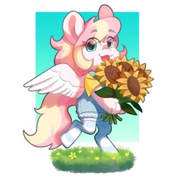 Size: 3000x3000 | Tagged: safe, artist:scarfurry, imported from derpibooru, oc, oc only, oc:ninny, pegasus, semi-anthro, clothes, cute, eye clipping through hair, eyebrows, eyebrows visible through hair, female, flower, grass, high res, holding, looking at you, ocbetes, open mouth, open smile, smiling, smiling at you, socks, solo, spread wings, striped socks, sunflower, wings