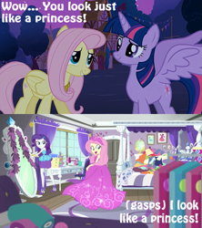 Size: 1089x1226 | Tagged: safe, edit, edited screencap, editor:incredibubbleirishguy, imported from derpibooru, screencap, fluttershy, rarity, twilight sparkle, alicorn, human, pegasus, pony, costume conundrum, equestria girls, equestria girls series, magical mystery cure, spoiler:choose your own ending (season 2), spoiler:eqg series (season 2), caption, clothes, comparison, costume conundrum: rarity, cyoa, dress, female, fluttershy day, magical mystery cure tenth anniversary, mare, princess costume, princess fluttershy, rarity peplum dress, rarity's bedroom (equestria girls), similarities, text, twilight sparkle (alicorn), wings