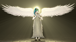 Size: 3840x2160 | Tagged: safe, artist:fireemerald123, imported from derpibooru, princess celestia, alicorn, anthro, 3d, 4k, clothes, dress, gold, high res, realistic wings, source filmmaker, spread wings, sæla, watermark, wings