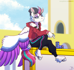 Size: 1600x1514 | Tagged: safe, artist:inuhoshi-to-darkpen, imported from derpibooru, zipp storm, anthro, pegasus, unguligrade anthro, alone, can, clothes, ear fluff, earbuds, female, g5, hat, hoodie, jewelry, leg fluff, pants, phone, ring, sitting, solo, tail, tail feathers, unshorn fetlocks, zephyr heights