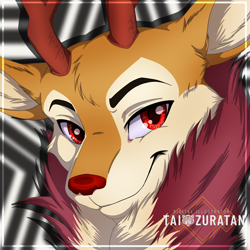 Size: 2000x2000 | Tagged: safe, artist:tai zuratan, imported from derpibooru, oc, oc only, oc:wisteria evergreen, deer, antlers, bust, chest fluff, deer oc, male, non-pony oc, portrait, red eyes, solo