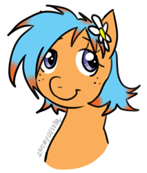 Size: 731x860 | Tagged: safe, artist:incredisenn, imported from derpibooru, oc, pony, pony creator, bust, colored, colored pupils, flower, flower in hair, krita, lineart, orange pony, original character do not steal, portrait, purple eyes, simple background, sketch, smiling, white background