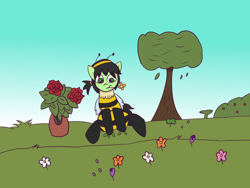 Size: 700x525 | Tagged: safe, artist:wanda, imported from derpibooru, oc, oc only, oc:filly anon, pony, animal costume, bee costume, bush, clothes, costume, female, field, filly, flower, foal, solo, tree