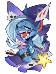 Size: 2000x2667 | Tagged: safe, artist:pipemare, imported from derpibooru, trixie, pony, unicorn, bust, cape, clothes, fangs, female, hat, one eye closed, open mouth, playing card, simple background, solo, teeth, trixie's cape, trixie's hat, wand, watch, white background, wink