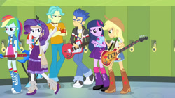 Size: 3072x1727 | Tagged: safe, imported from derpibooru, screencap, applejack, flash sentry, rainbow dash, rarity, twilight sparkle, human, equestria girls, rainbow rocks, applejack's hat, bass guitar, boots, clothes, cowboy boots, cowboy hat, crossed arms, cutie mark on clothes, eyes closed, female, frown, hairpin, hat, high heel boots, jacket, keytar, male, musical instrument, shoes