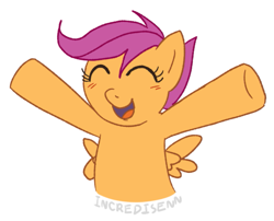 Size: 1007x815 | Tagged: safe, artist:incredisenn, imported from derpibooru, scootaloo, pegasus, pony, arms wide open, blushing, eyes closed, happy, open mouth, open smile, simple background, smiling, solo, spread wings, wave, white background, wings