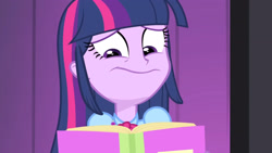 Size: 3072x1727 | Tagged: safe, imported from derpibooru, screencap, twilight sparkle, human, equestria girls, rainbow rocks, book, female, frown, solo