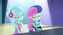 Size: 3072x1727 | Tagged: safe, imported from derpibooru, screencap, bon bon, lyra heartstrings, sweetie drops, human, equestria girls, rainbow rocks, duo, duo female, eyebrows, eyes closed, female, microphone, microphone stand, musical instrument, palindrome get, piano, raised eyebrow, smiling