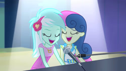 Size: 3072x1727 | Tagged: safe, imported from derpibooru, screencap, bon bon, lyra heartstrings, sweetie drops, human, equestria girls, rainbow rocks, duo, duo female, eyebrows, eyes closed, female, microphone, microphone stand, musical instrument, open mouth, open smile, piano, raised eyebrow, smiling