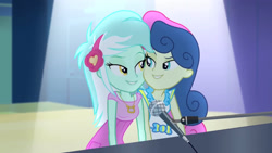 Size: 3072x1727 | Tagged: safe, imported from derpibooru, screencap, bon bon, lyra heartstrings, sweetie drops, human, equestria girls, rainbow rocks, duo, duo female, eyebrows, female, looking at each other, looking at someone, microphone, microphone stand, musical instrument, piano, raised eyebrow, smiling, smiling at each other