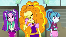 Size: 3072x1727 | Tagged: safe, imported from derpibooru, screencap, adagio dazzle, aria blaze, sonata dusk, human, equestria girls, rainbow rocks, eyes closed, facepalm, female, frown, open mouth, starenata, the dazzlings, trio, trio female