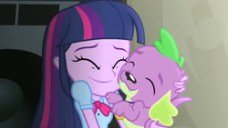 Size: 3072x1727 | Tagged: safe, imported from derpibooru, screencap, spike, twilight sparkle, dog, human, equestria girls, rainbow rocks, cute, duo, duo male and female, eyes closed, female, hug, male, smiling, spikabetes, spike the dog, spikelove, twiabetes