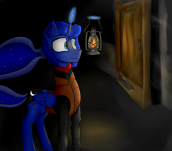 Size: 3300x2900 | Tagged: safe, artist:desperius, imported from derpibooru, princess luna, alicorn, pony, amnesia: the dark descent, clothes, crossover, dark background, eyebrows, eyebrows visible through hair, female, folded wings, frown, glowing, glowing horn, high res, horn, lantern, magic, magic aura, mare, shirt, solo, telekinesis, vest, video game crossover, wings