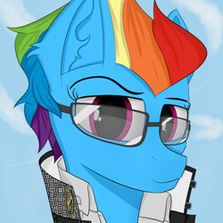 Size: 3000x3000 | Tagged: safe, artist:desperius, imported from derpibooru, rainbow dash, pegasus, alternate hairstyle, clothes, crossover, glasses, jacket, persona, persona 4, shirt, simple background, solo, video game crossover