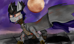 Size: 3500x2100 | Tagged: safe, artist:desperius, imported from derpibooru, pony, unicorn, blood, blood moon, bloodborne, clothes, crossover, moon, simple background, sky background, video game crossover