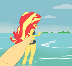 Size: 2138x1957 | Tagged: safe, artist:calmbreezes, imported from derpibooru, sunset shimmer, human, equestria girls, beach, bikini, clothes, female, holding hands, ocean, offscreen character, offscreen human, pov, swimsuit, water