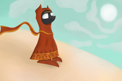 Size: 3000x2000 | Tagged: safe, artist:desperius, imported from derpibooru, earth pony, pony, clothes, crossover, journey, robe, sand, scarf, sky background, solo, sun, video game crossover